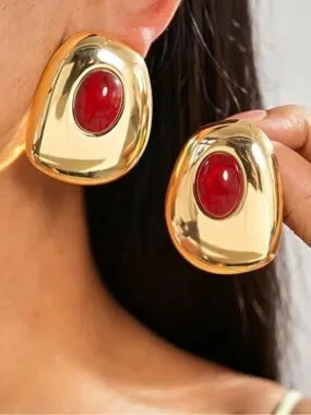 Anthropologie Gold-Tone Statement Earrings with Red Cabochon